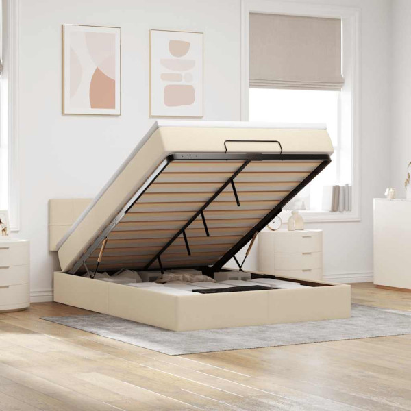 Estructura de cama otomana con colchón tela crema 140x190cm Estructura de cama otomana con colchón tela crema 140x190cm D
