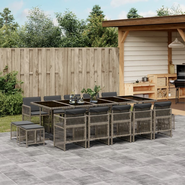 Set comedor de jardín con cojines 15 pzas ratán sintético gris D