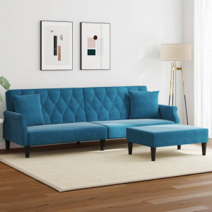 Sofá cama de 2 plazas con almohadas y taburete terciopelo azul D