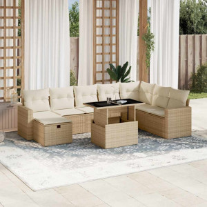 Set de sofás de jardín con cojines 9 pzas ratán sintético beige D