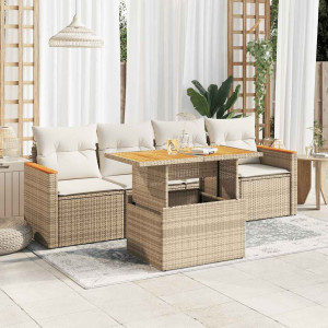Set sofás jardín y cojines 5 pzas ratán sintético acacia beige D