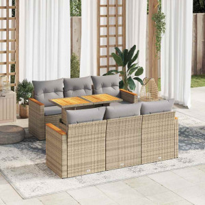 Set sofás jardín y cojines 7 pzas ratán sintético acacia beige D