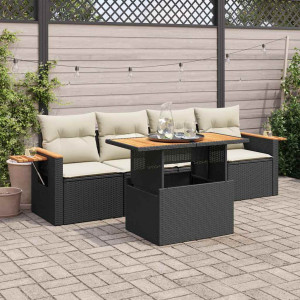 Set sofás jardín y cojines 5 pzas ratán sintético acacia negro D
