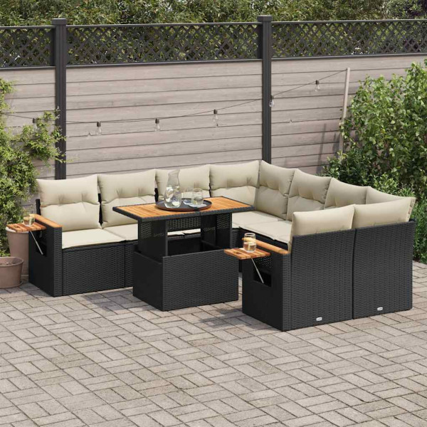 Set sofás jardín y cojines 9 pzas ratán sintético acacia negro D