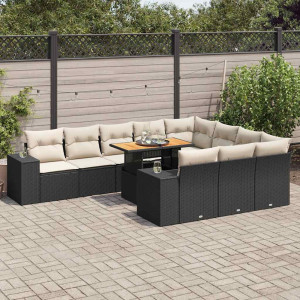 Set sofás jardín y cojines 10 pzas ratán sintético acacia negro D
