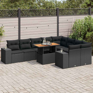Set sofás jardín y cojines 10 pzas ratán sintético acacia negro D