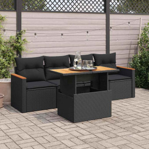Set sofás jardín y cojines 5 pzas ratán sintético acacia negro D