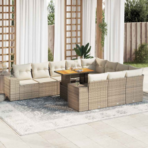 Set sofás jardín y cojines 10 pzas ratán sintético acacia beige D