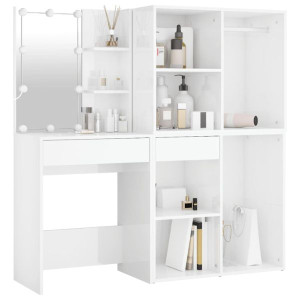 Tocador con LED y 2 armarios madera contrachapada blanco brillo D
