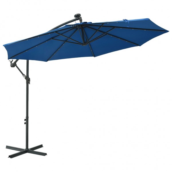 Guarda-chuva com luzes LED e poste de aço azul 300 cm D