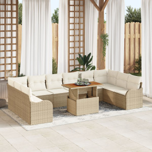 Conjunto de Sofás de Jardín de 11 piezas con Cojines Beige de Ratán de Polietileno. Sofá de Jardín de 2 plazas con Almacenamient D