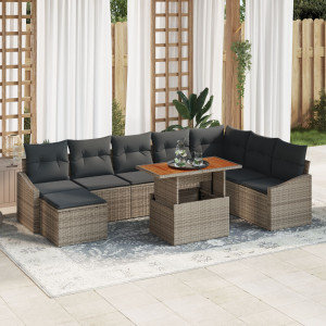 Conjunto de Sofás de Jardín de 9 Piezas con Cojines Gris Ratán D