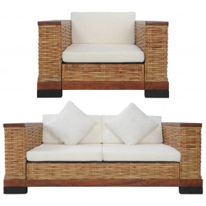 Conjunto de 2 peças de sofá em rattan natural castanho com almofadas D