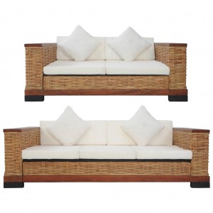 Conjunto de 2 peças de sofá em rattan natural castanho com almofadas D