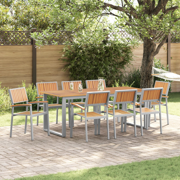 Conjunto de Comedor de Jardín Juego de 9 Gris. Tono Madera Metal Conjunto de Comedor de Jardín Juego de 9 Gris. Tono Madera Metal D