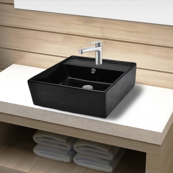 Lavabo de cerámica con agujero para grifo/desagüe negro cuadrado D