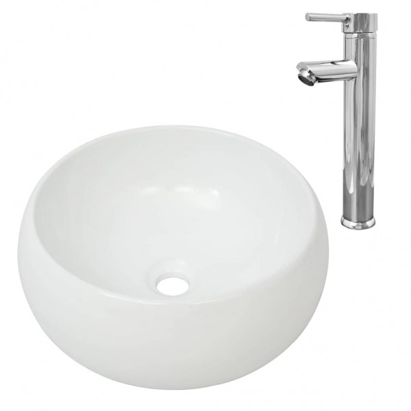 Pia de banheiro redonda com torneira misturadora de cerâmica branca D