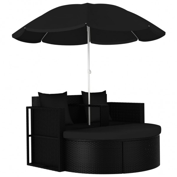 Cama de jardim com guarda-chuva ratão sintético preto D