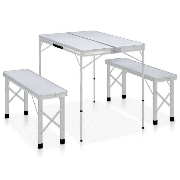 Mesa de camping plegable con 2 bancos aluminio blanco D