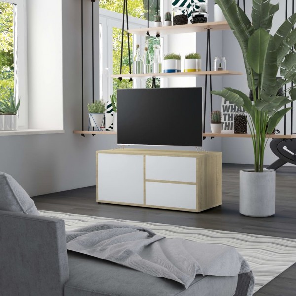 Mobiliário de televisão madeira de contraplacado branco e carvalho 80x34x36 cm D