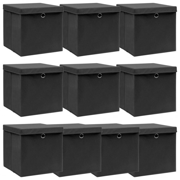 Cajas de almacenaje con tapas 10 uds tela negro 32x32x32 cm D