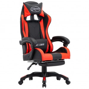 Cadeira de jogos com suporte de pé de couro sintético vermelho e preto D