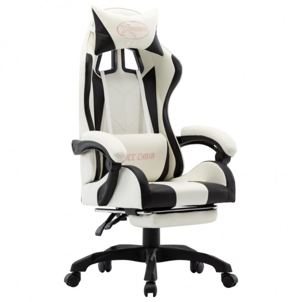 Cadeira de jogos com apoio de pés de couro sintético preto e branco D