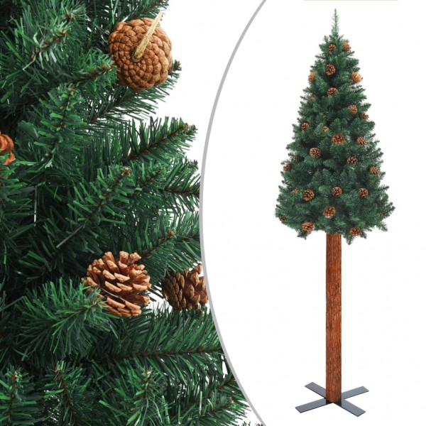 Árbol de Navidad delgado madera auténtica y piñas PVC 210 cm D