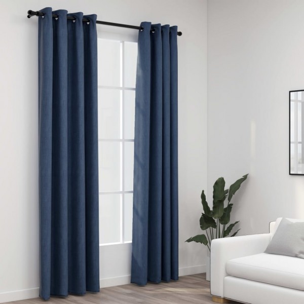 Cortinas opacas con ojales look de lino 2 pzas azul 140x225 cm D