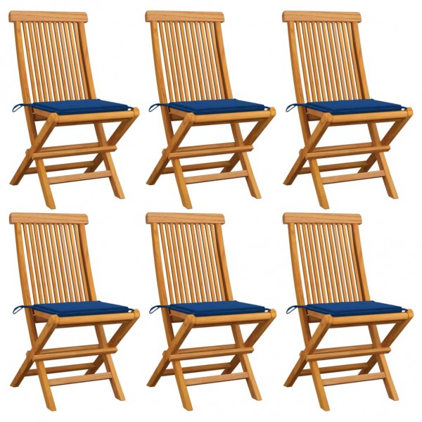 Sillas de jardín 6 uds con cojines azules madera de teca Sillas de jardín 6 uds con cojines azules madera de teca D