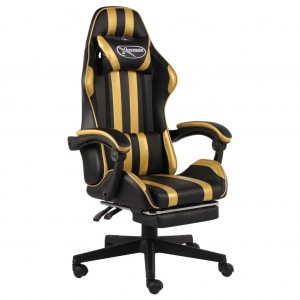 Cadeira gamer com apoio para pés em couro sintético preto e dourado D