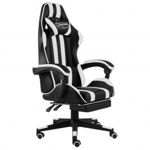 Silla gaming con reposapiés cuero sintético negro y blanco D