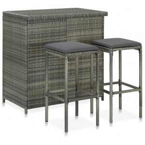 Set mesa y sillas de bar jardín 3 piezas ratán sintético gris D