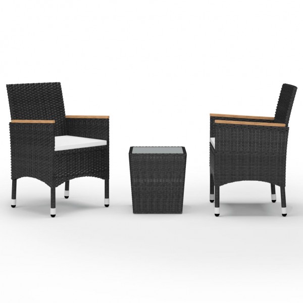 Mesa e cadeiras de jardim de 3 peças de ratan PE e vidro temperado preto D