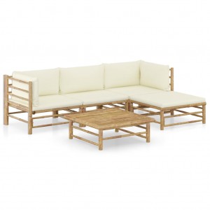 Set de muebles de jardín 5 piezas bambú y cojines blanco crema D