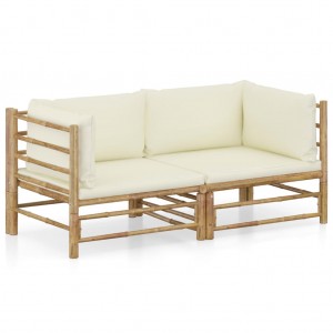 Set de muebles de jardín 2 piezas bambú y cojines blanco crema D