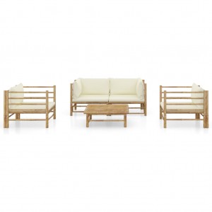 5 pcs conj. lounge p/ jardim em bambu c/ almofadões branco nata H