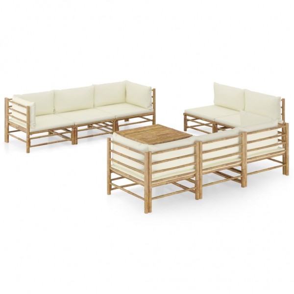 Conjunto de mobiliário de jardim 9 peças de bambu e almofadas branco creme D