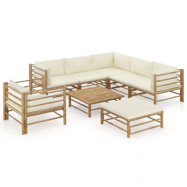 Set de muebles de jardín 8 piezas bambú y cojines blanco crema D