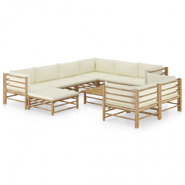 Set de muebles de jardín 10 piezas bambú y cojines blanco crema D