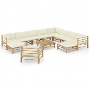 Set de muebles de jardín 12 piezas bambú y cojines blanco crema D