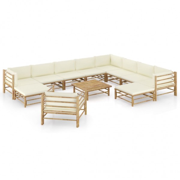 Set de muebles de jardín 12 piezas bambú y cojines blanco crema D