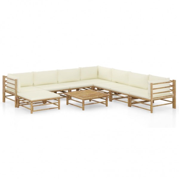 Set de muebles de jardín 9 piezas bambú y cojines blanco crema D