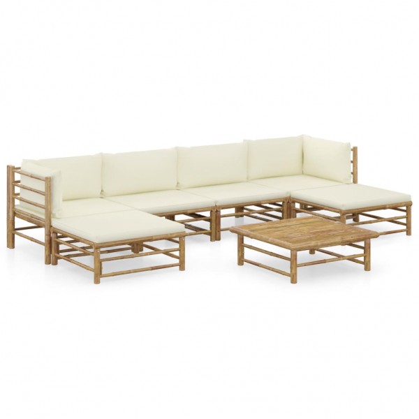 Set de muebles de jardín 7 piezas bambú y cojines blanco crema D