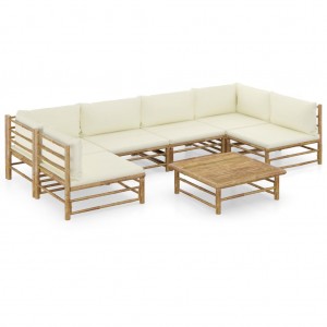 Set de muebles de jardín 7 piezas bambú y cojines blanco crema D