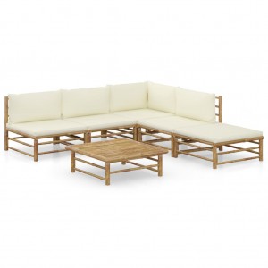 Conjunto de móveis de jardim 6 peças de bambu e almofadas branco creme D