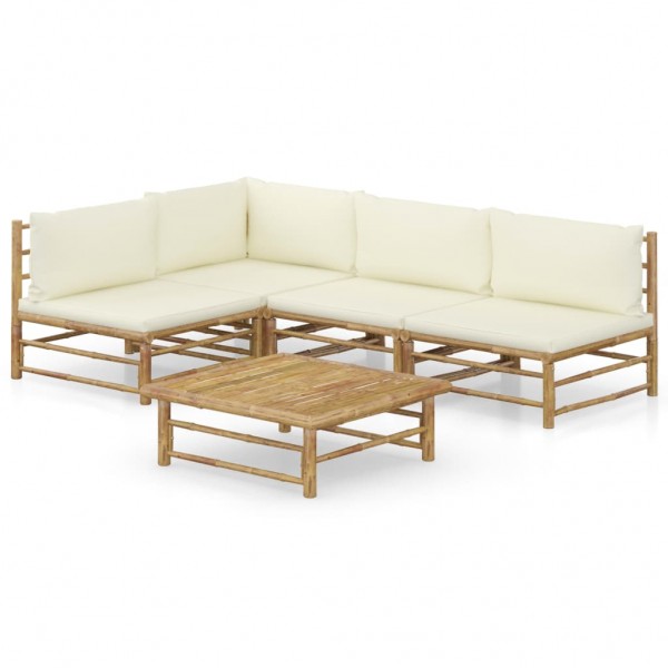 Set de muebles de jardín 5 piezas bambú y cojines blanco crema D