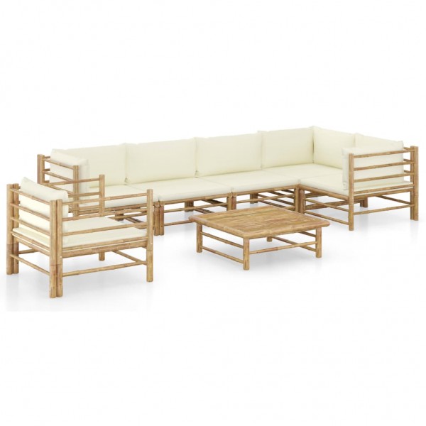 Set de muebles de jardín 7 piezas bambú y cojines blanco crema D