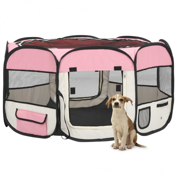 Parque de perros plegable y bolsa transporte rosa 125x125x61cm D