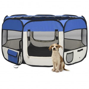 Parque de cães dobrável e saco de transporte azul 125x125x61cm D